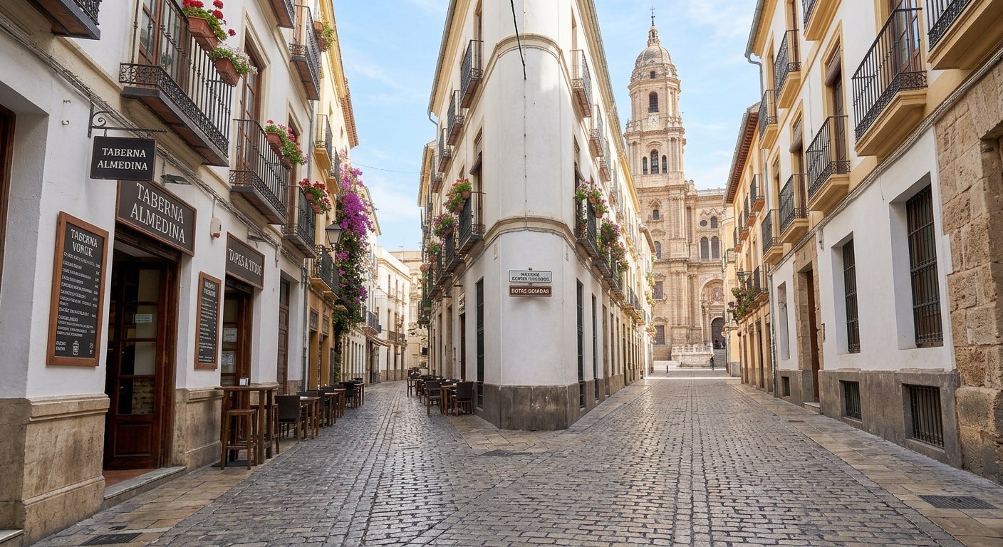 Calle empedrada del casco antiguo de Málaga con la torre de la Catedral al fondo